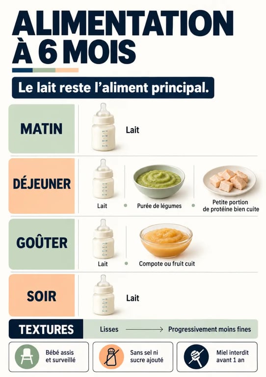 Alimentation bébé 6 mois tableau PDF avec journée type, textures et repères de repas