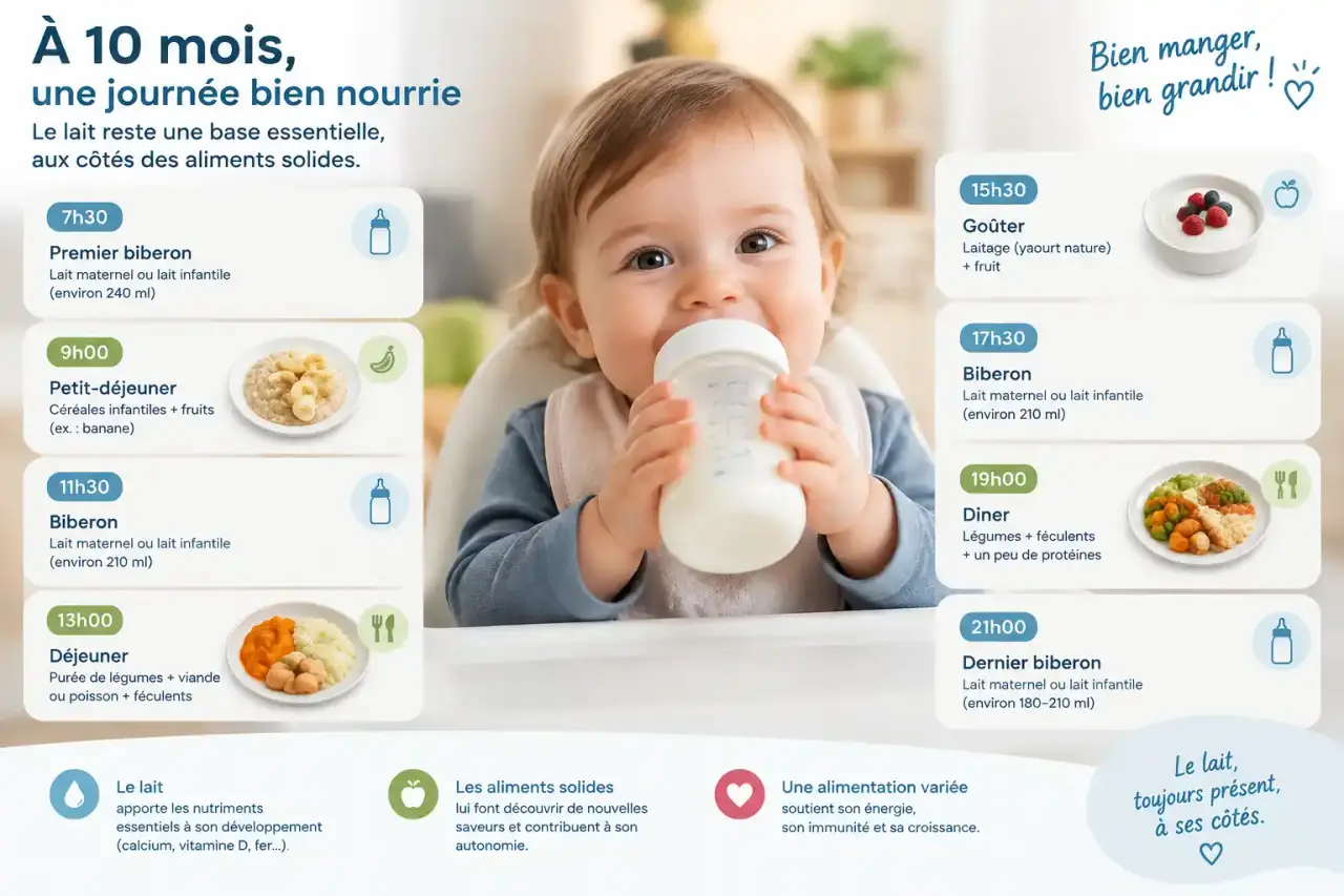 Tableau alimentation bébé 10 mois : une journée type où le lait garde sa place