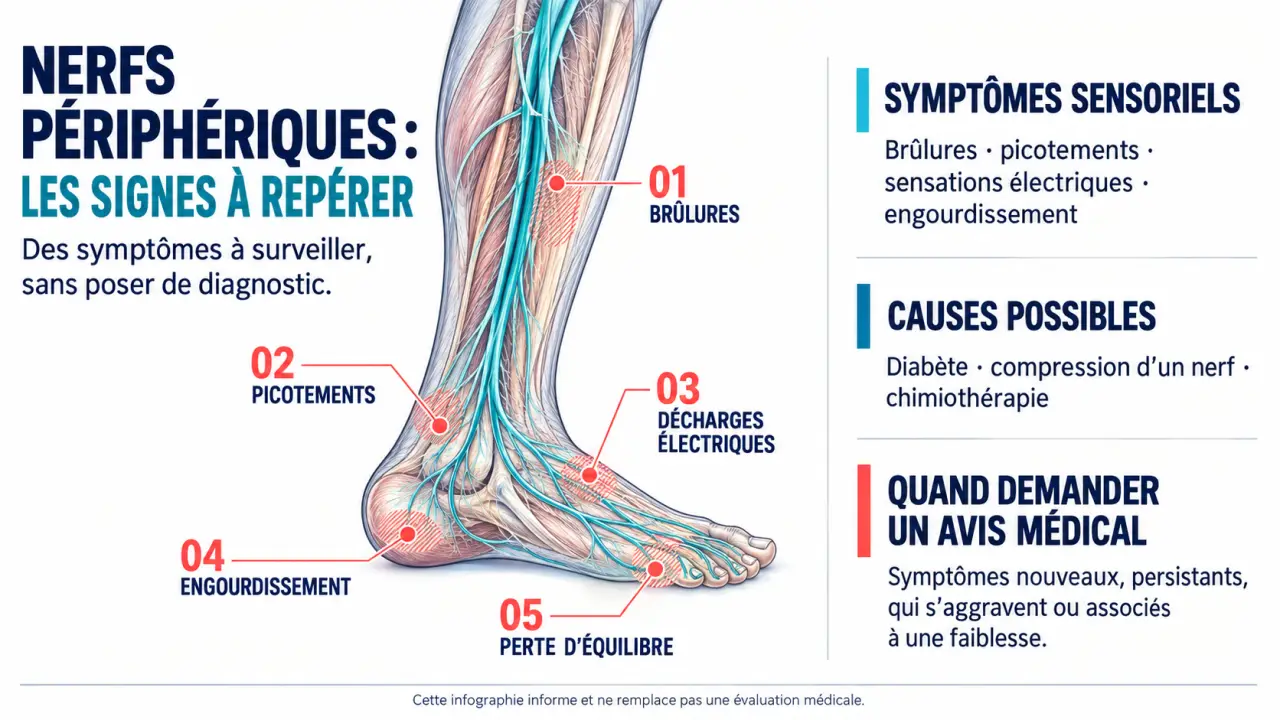 Infographie sur les douleurs neuropathiques jambes, les symptômes nerveux et les causes possibles