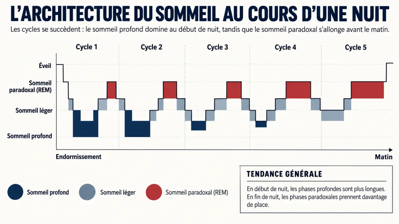 Schéma du cycle de sommeil REM et NREM au cours de la nuit