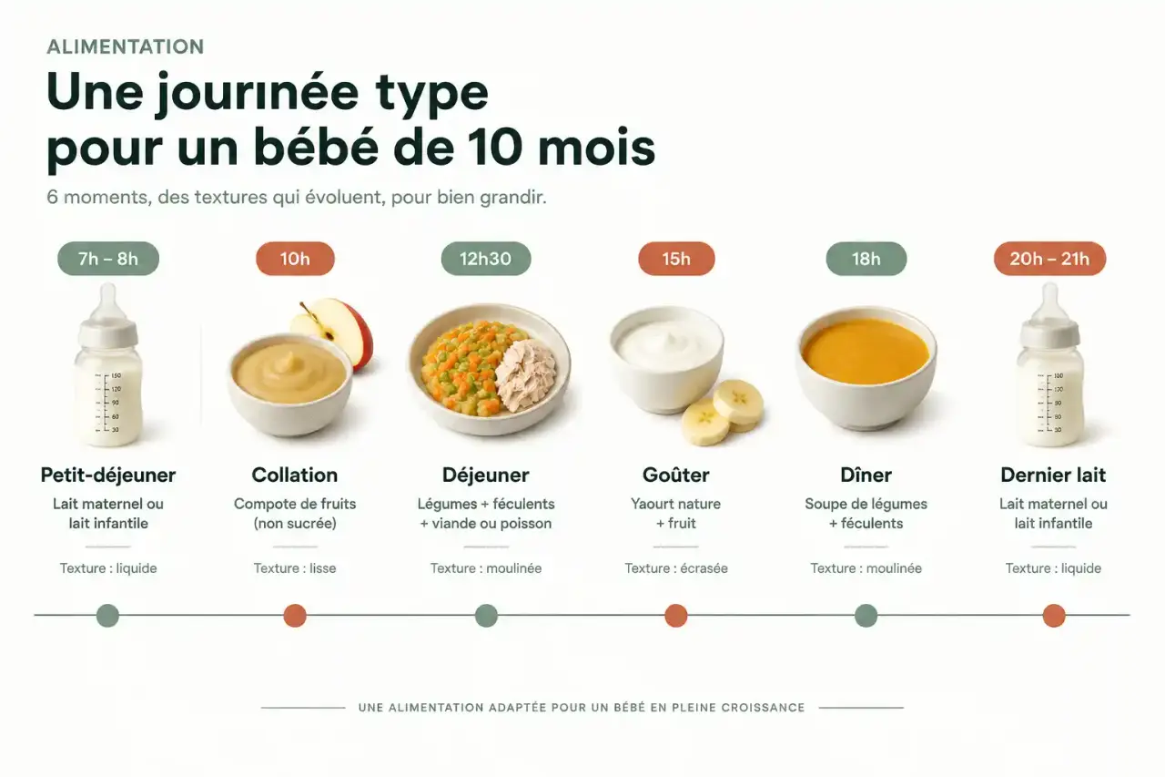 Tableau d'alimentation bébé 10 mois : frise visuelle des repas, collations et prises de lait sur une journée type