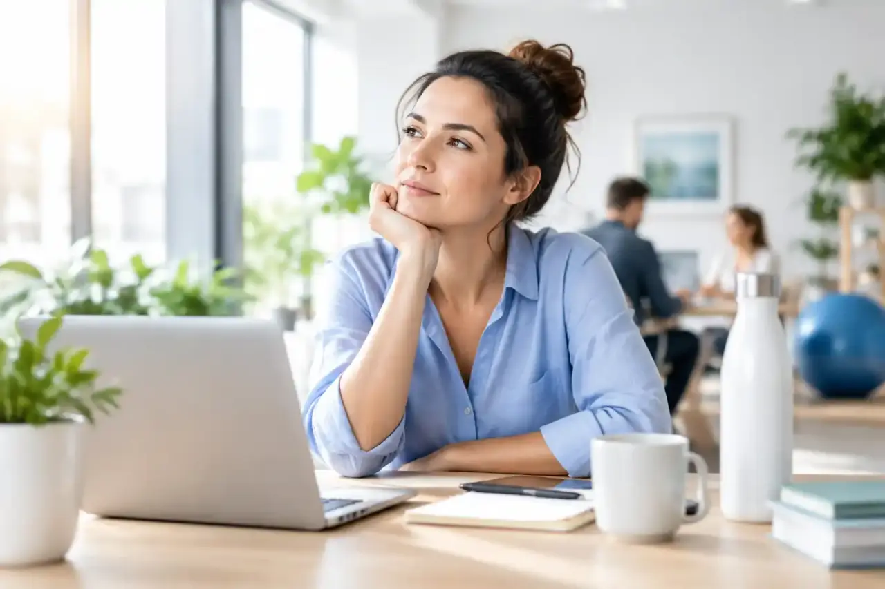 Professionnelle assise dans un espace de travail lumineux, illustrant la prévention du burnout