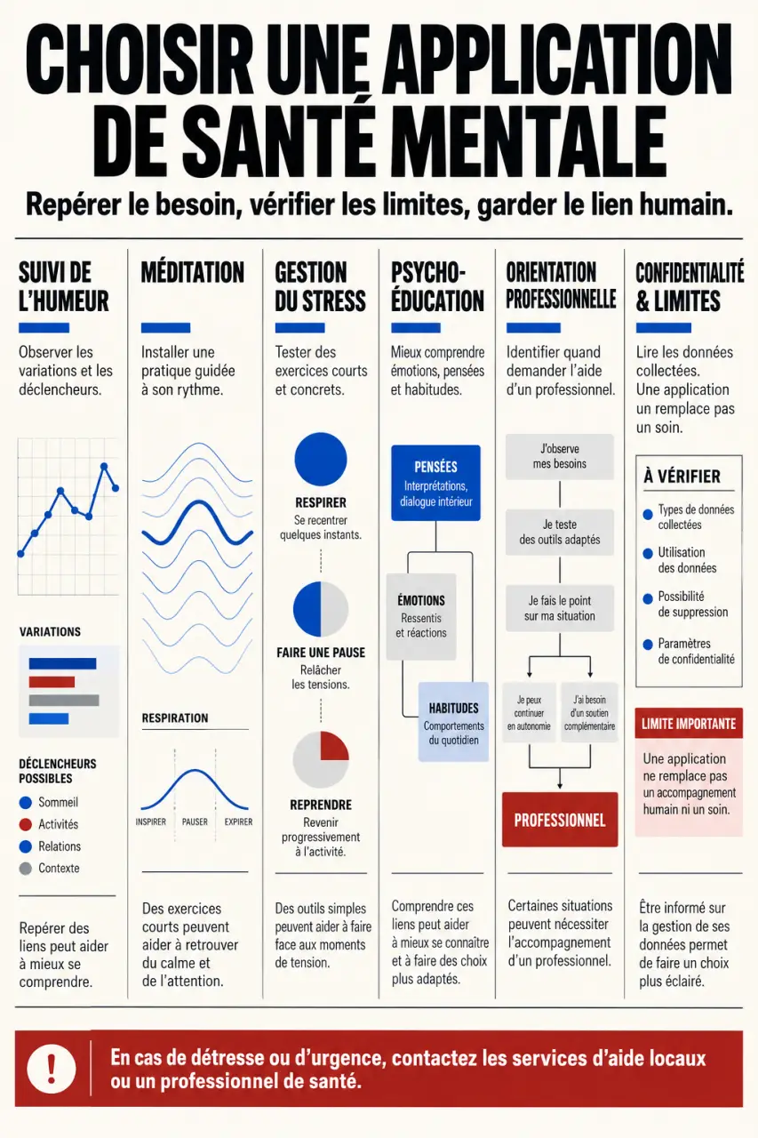 Infographie pour choisir une application santé mentale selon son besoin, ses fonctionnalités et ses limites