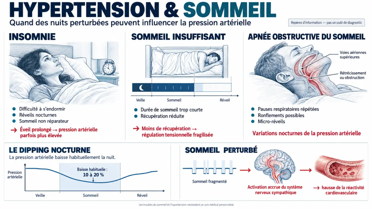 Infographie sur le lien entre hypertension insomnie, sommeil insuffisant et apnée du sommeil